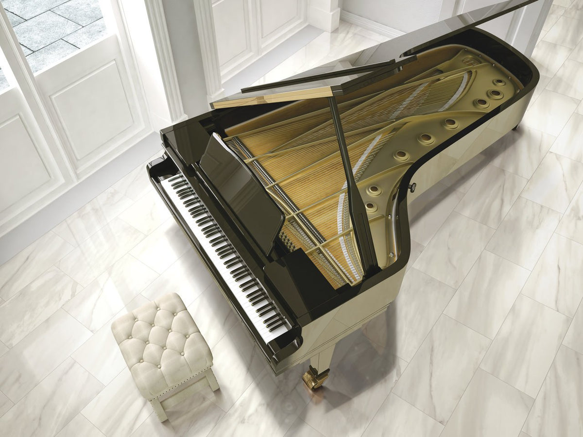 Carrara Select Venato Polished Marble Look Porcelain Tiles 24x48 installed in a living room