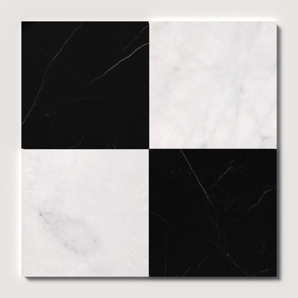 Black, Carrara T Polished Checkerboard Pattern Marble Tiles 18x18