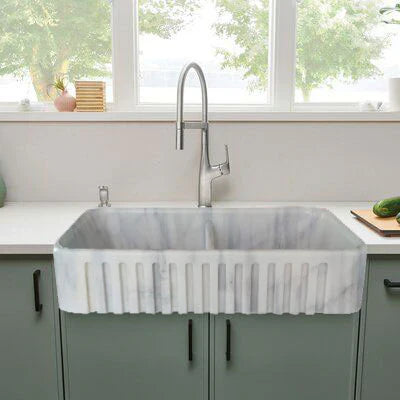 Carrara White Marble Farmhouse Apron Kitchen Double Sink (W)18" (L)36" (H)8" by GobekDesign