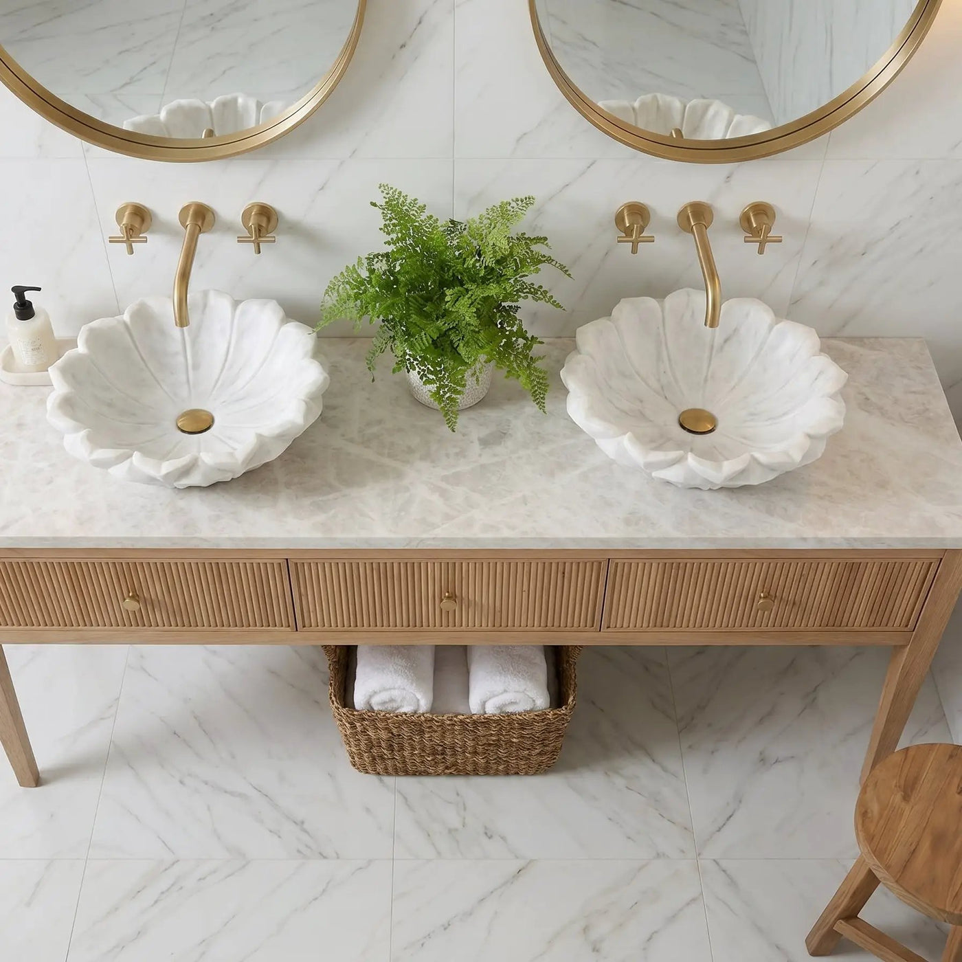 Carrara White Marble Flower Shaped Sink - Polished 18 Diameter by GobekDesign