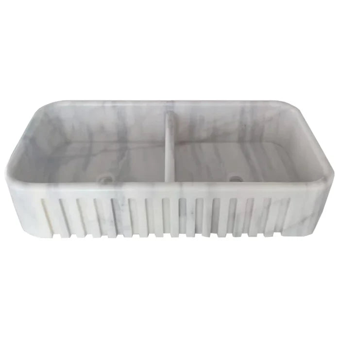 Carrara White Marble Farmhouse Apron Kitchen Double Sink (W)18" (L)36" (H)8" by GobekDesign