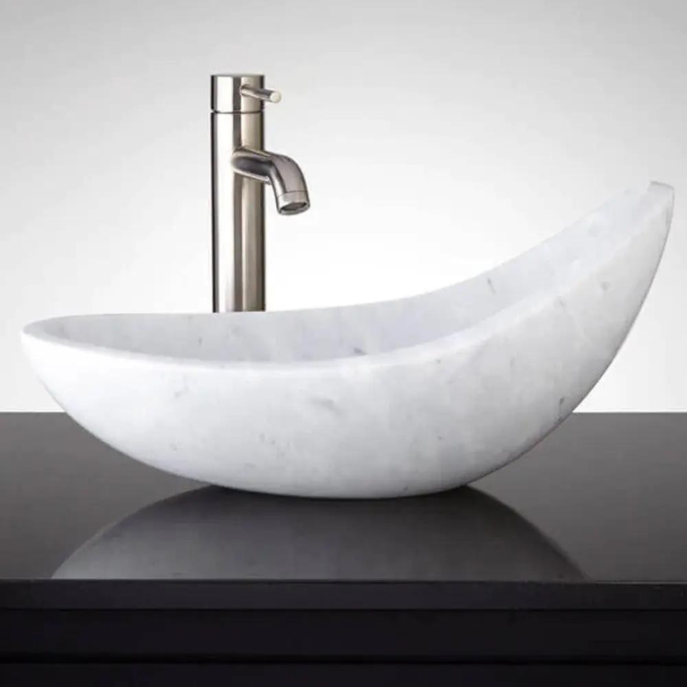Turkish Marble Handcrafted Asymmetric Vessel Sink Polished 14x22 by GobekDesign