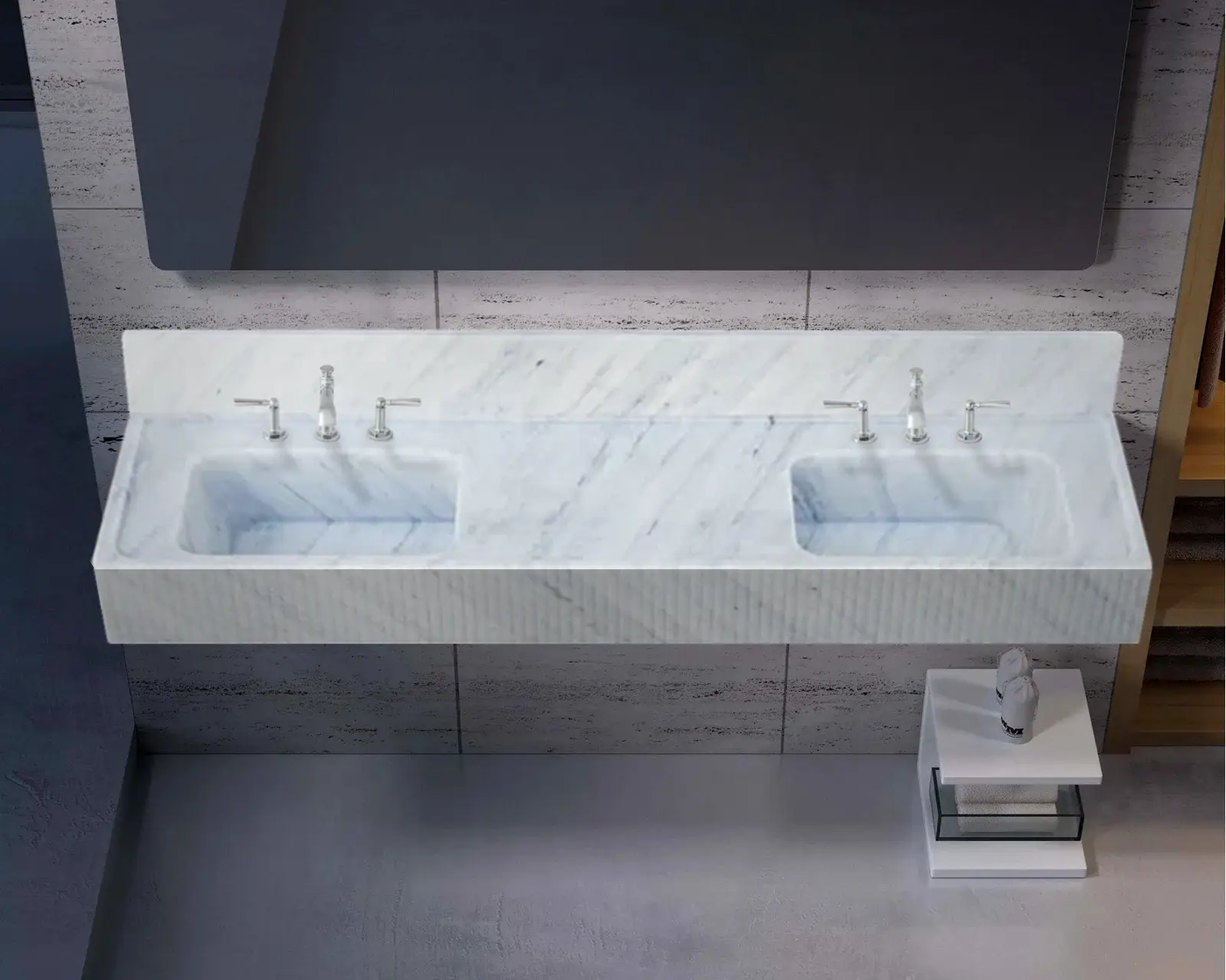 Carrara White Marble Bathroom Double Sink with Elegant Fluted Front Design 72x21x8 by GobekDesign