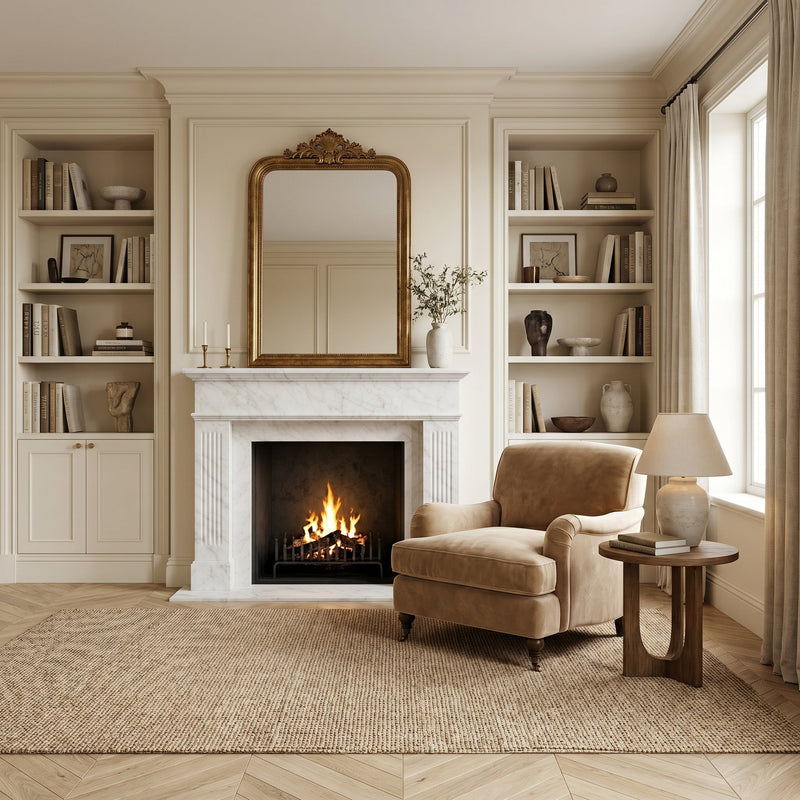 Cozy living room with fireplace, armchair, and bookshelves.