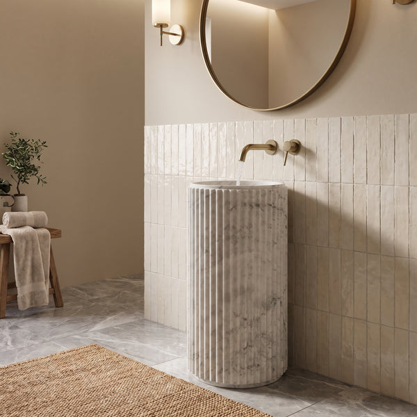 Carrara White Marble Round Pedestal Fluted Bathroom Sink 17 Inch
