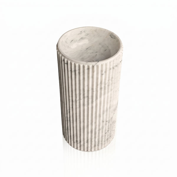 Carrara White Marble Round Pedestal Fluted Bathroom Sink 17 Inch, photo 2 of 7