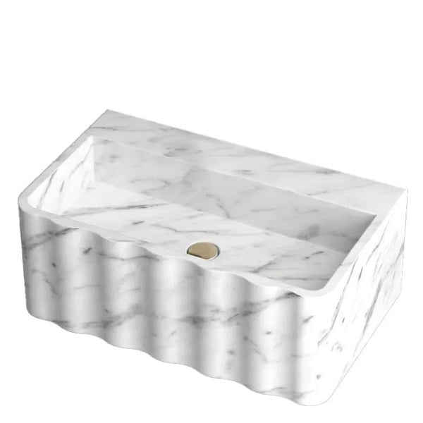 Carrara White Marble Wall-Mount Bathroom Sink Fluted Design 28x16