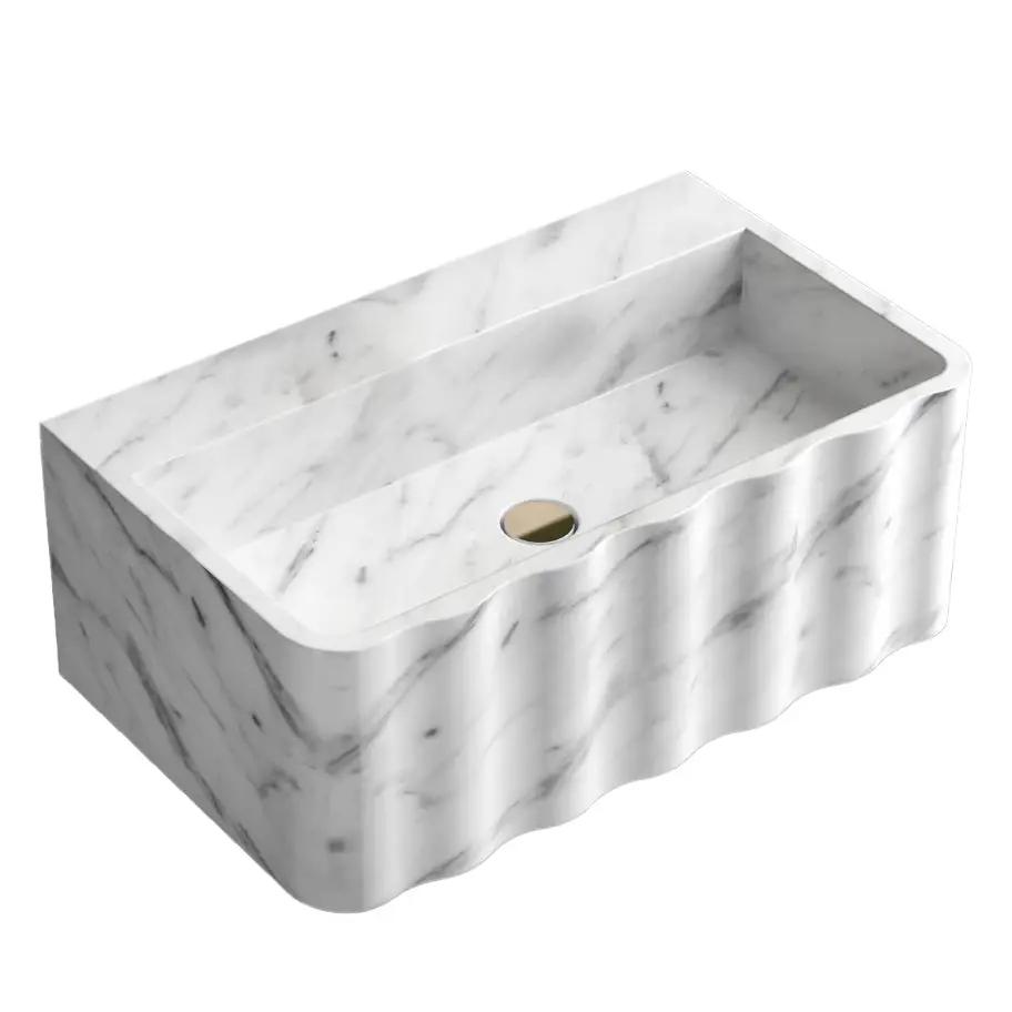 Carrara White Marble Wall-Mount Bathroom Sink Fluted Design 28x16 by GobekDesign