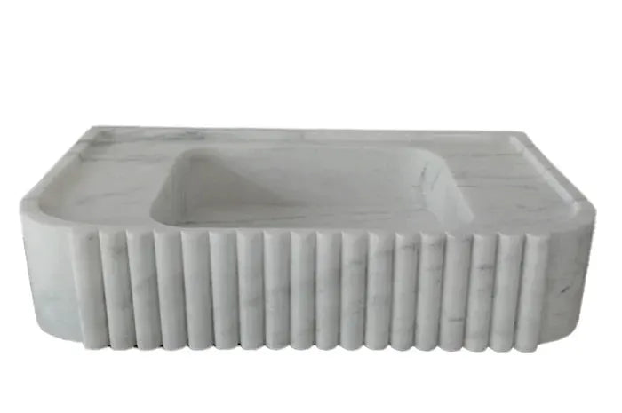 Carrara White Marble Wall-Mount Bathroom Vanity Sink with Fluted Exterior 16x28x6 by GobekDesign