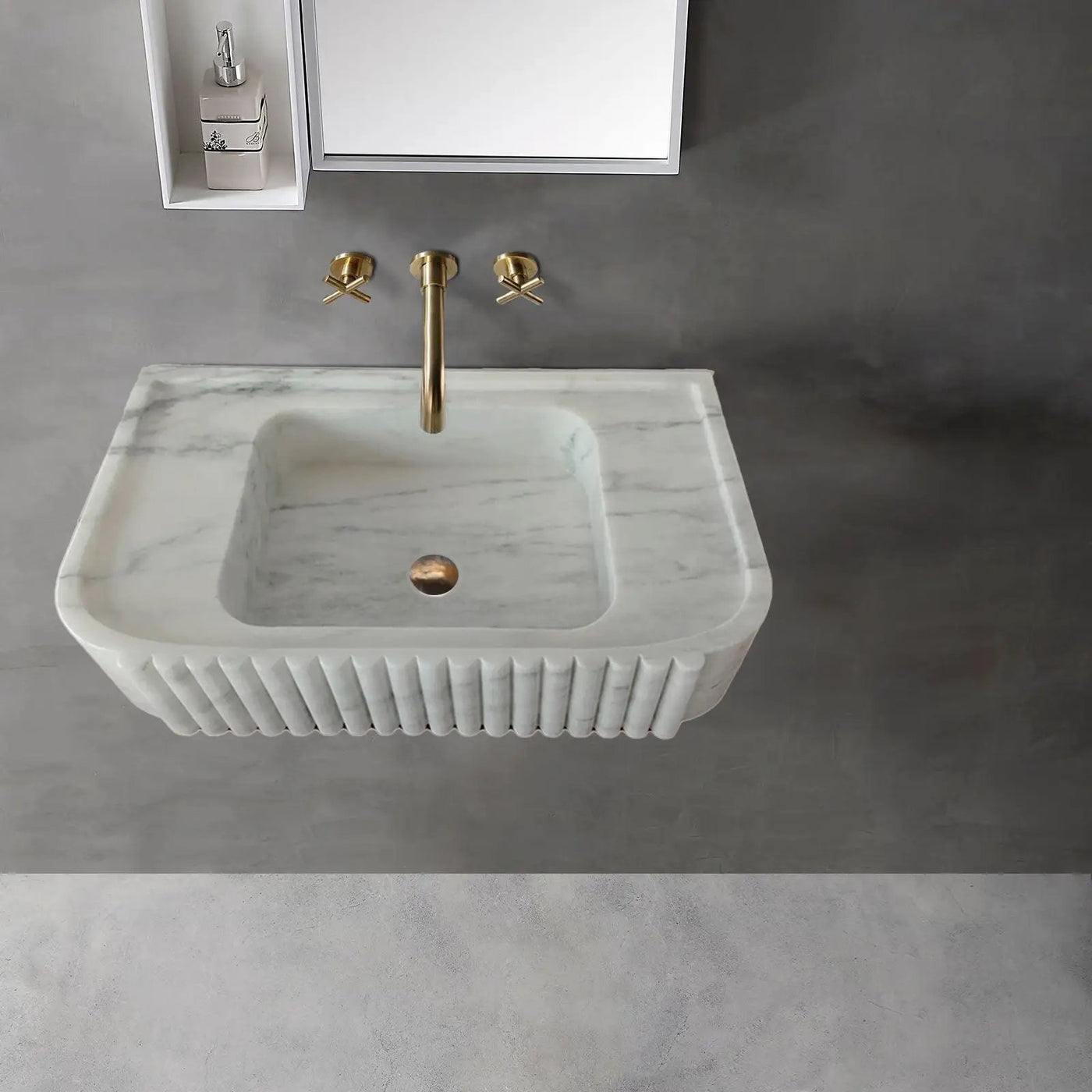 Carrara White Marble Wall-Mount Bathroom Vanity Sink with Fluted Exterior 16x28x6 by GobekDesign