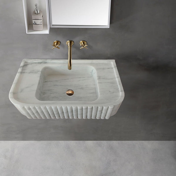 Carrara White Marble Wall-Mount Bathroom Vanity Sink with Fluted Exterior 16x28x6