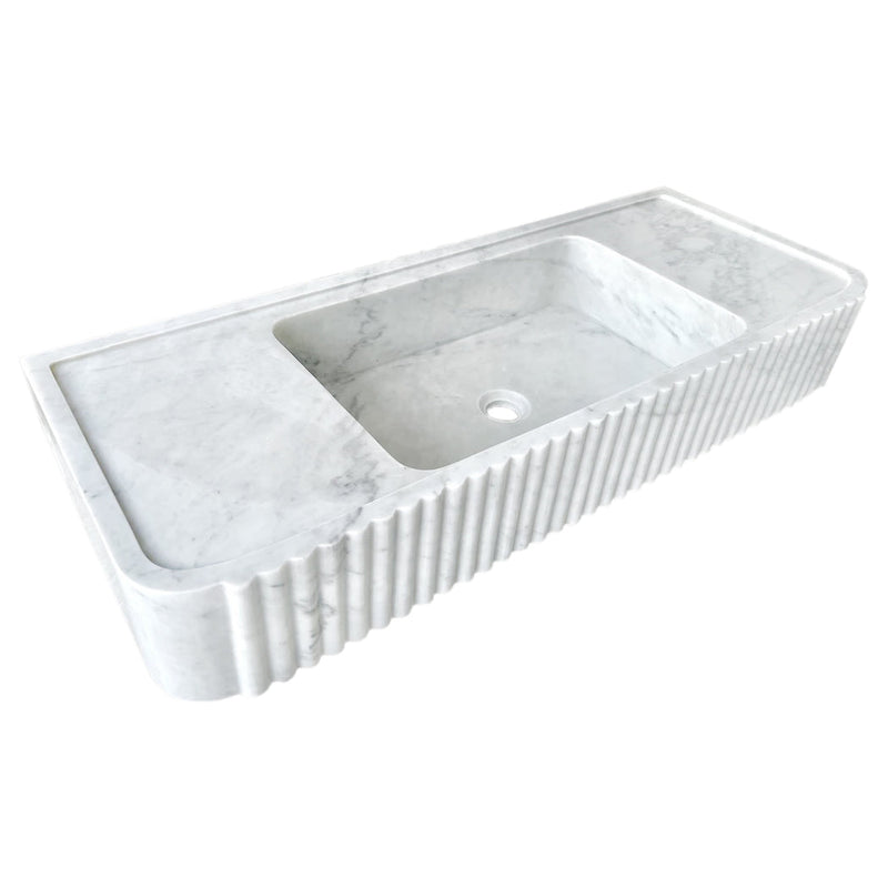 Carrara White Marble Wall-mount Bathroom Vanity Sink Fluted (W)16" (L)40" (H)6" polished angle view