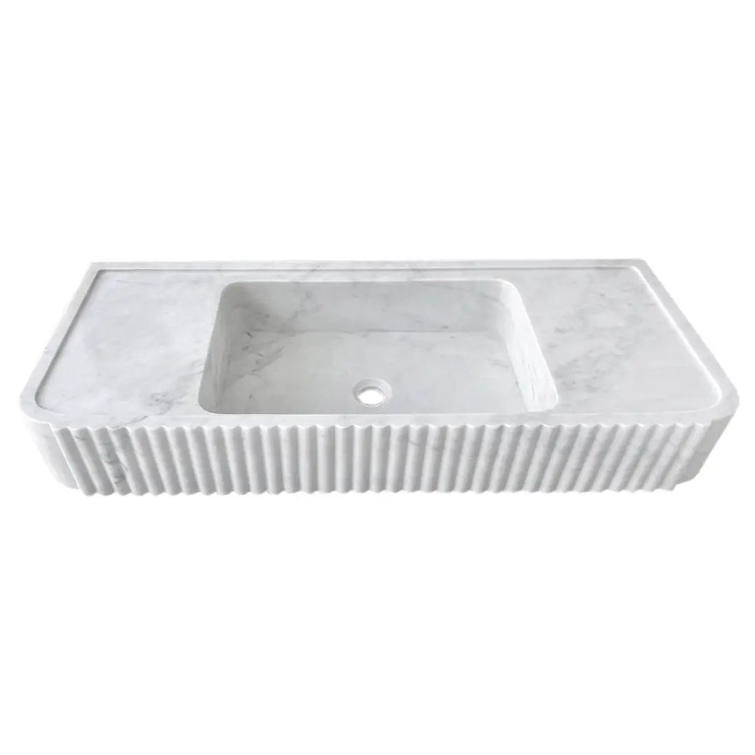 Carrara White Marble Wall Mount Bathroom Vanity Sink Polished Fluted 16 x 40 Inch by GobekDesign