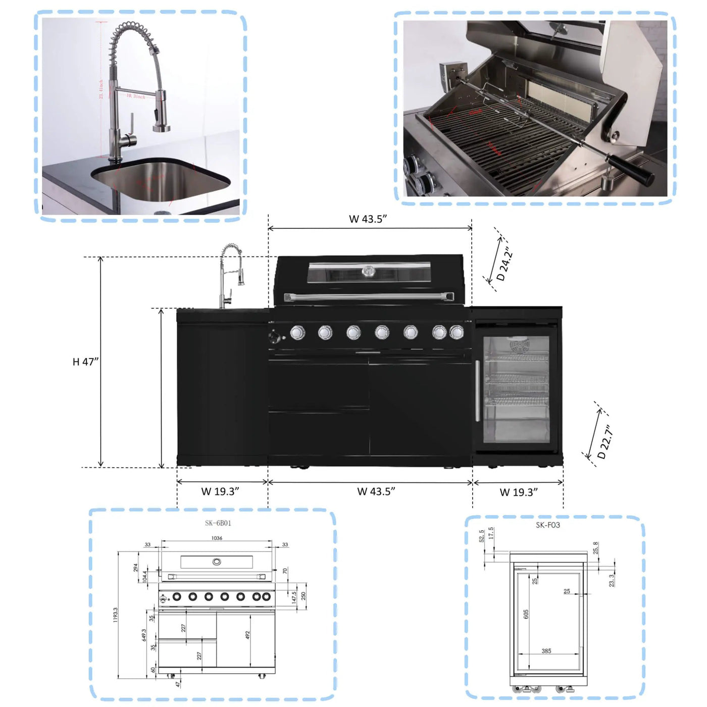 Castelle Flame Avalon 43-Inch 6-Burner 85K BTU Outdoor BBQ Kitchen Grill Island With Wine Fridge, Rotisserie Kit, And Sink (SAK23864) by SAKSBY WHOLESALE