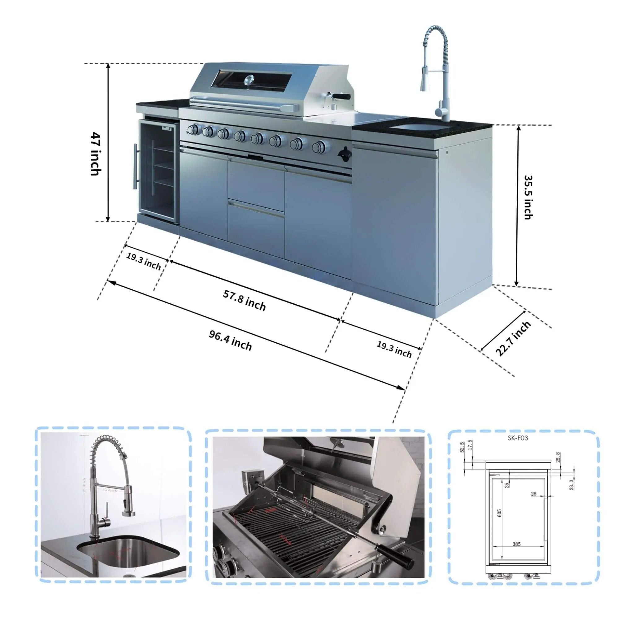 Castelle Flame Capri 96-Inch 6-Burner 85000 BTU Outdoor Kitchen Liquid Propane Grill Island With Fridge (SAK42895) by SAKSBY WHOLESALE