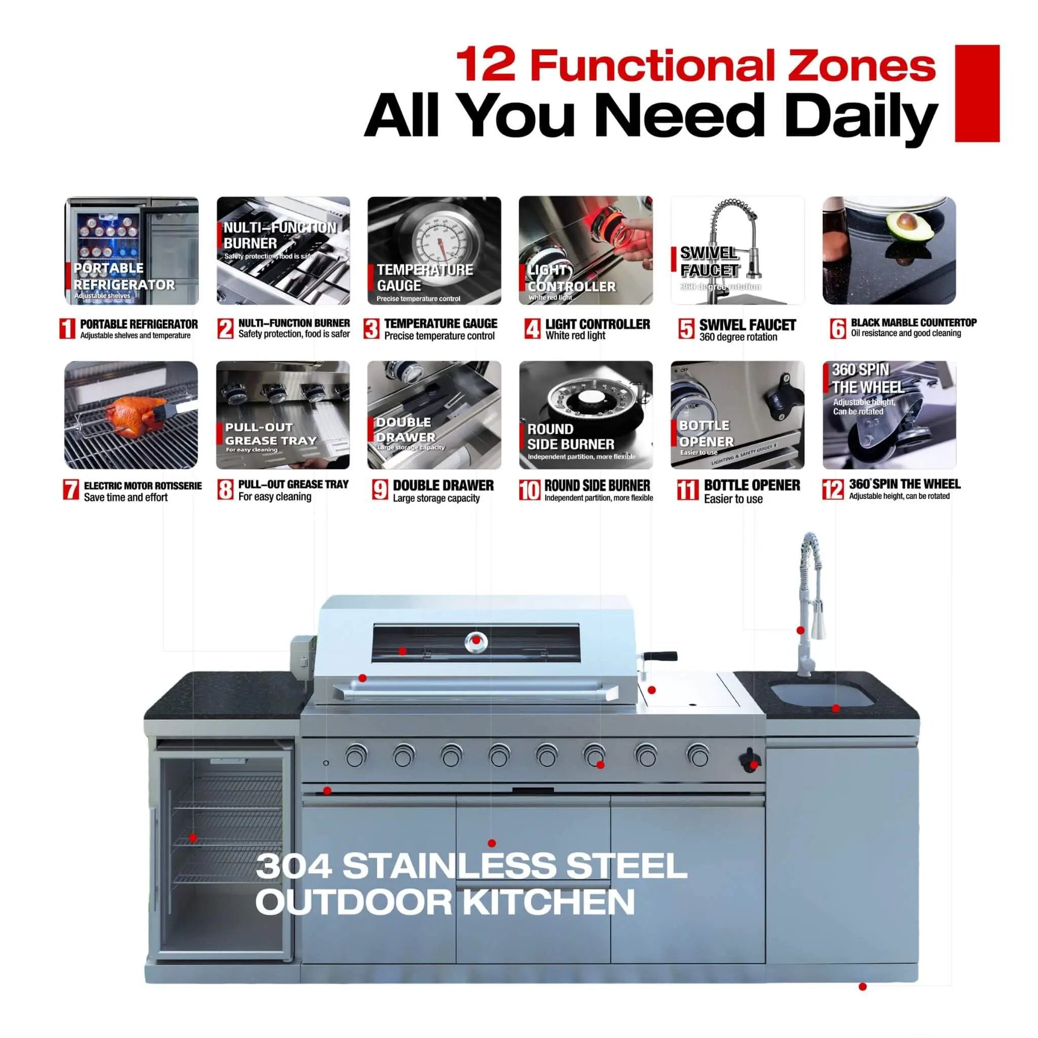 Castelle Flame Capri 96-Inch 6-Burner 85000 BTU Outdoor Kitchen Liquid Propane Grill Island With Fridge (SAK42895) by SAKSBY WHOLESALE