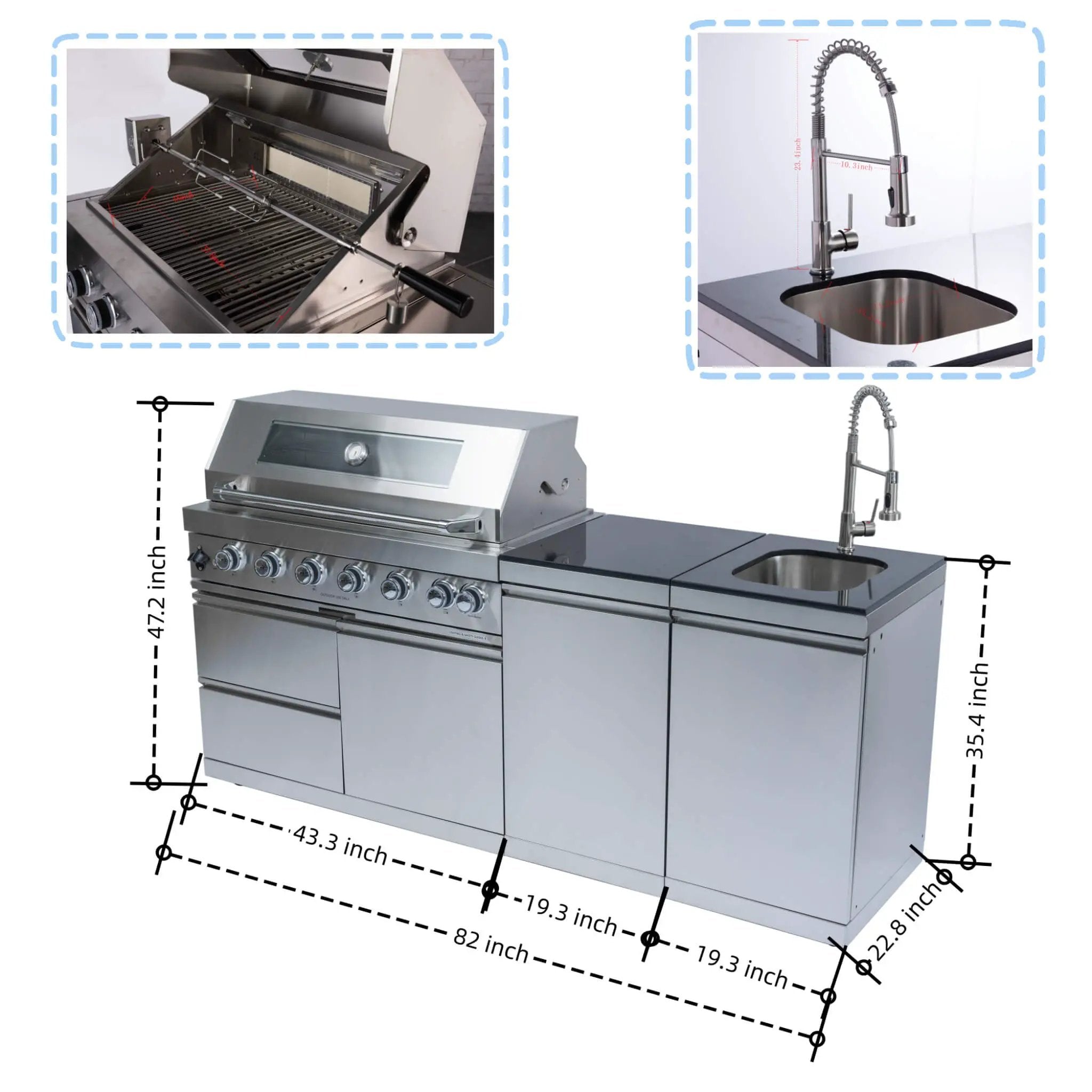 Castelle Flame Valmont 43-Inch 6-Burner 85K BTU Outdoor BBQ Kitchen Grill Island With Granite Countertops, Rotisserie Kit, Cabinets, And Sink (SAK73518) by SAKSBY WHOLESALE