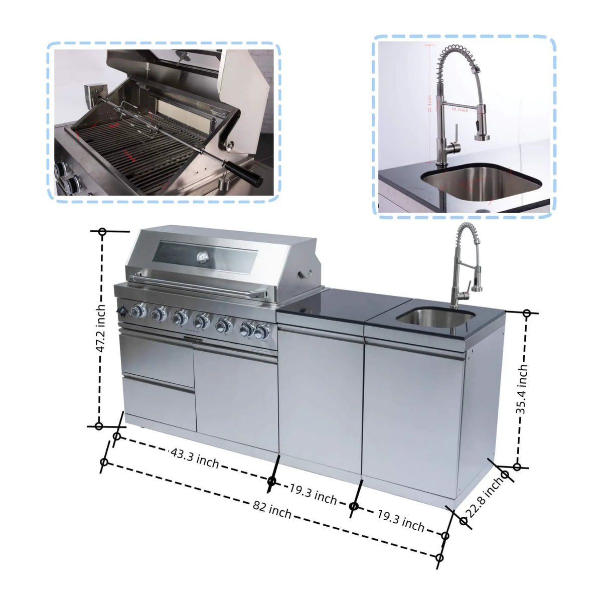 Castelle Flame Valmont 43-Inch 6-Burner 85K BTU Outdoor BBQ Kitchen Grill Island With Granite Countertops, Rotisserie Kit, Cabinets, And Sink (SAK73518), dimensions drawing
