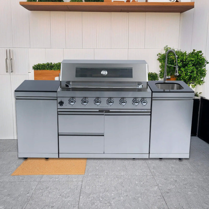 Castelle Flame Valmont 43-Inch 6-Burner 85K BTU Outdoor BBQ Kitchen Grill Island With Granite Countertops, Rotisserie Kit, Cabinets, And Sink (SAK73518) by SAKSBY WHOLESALE