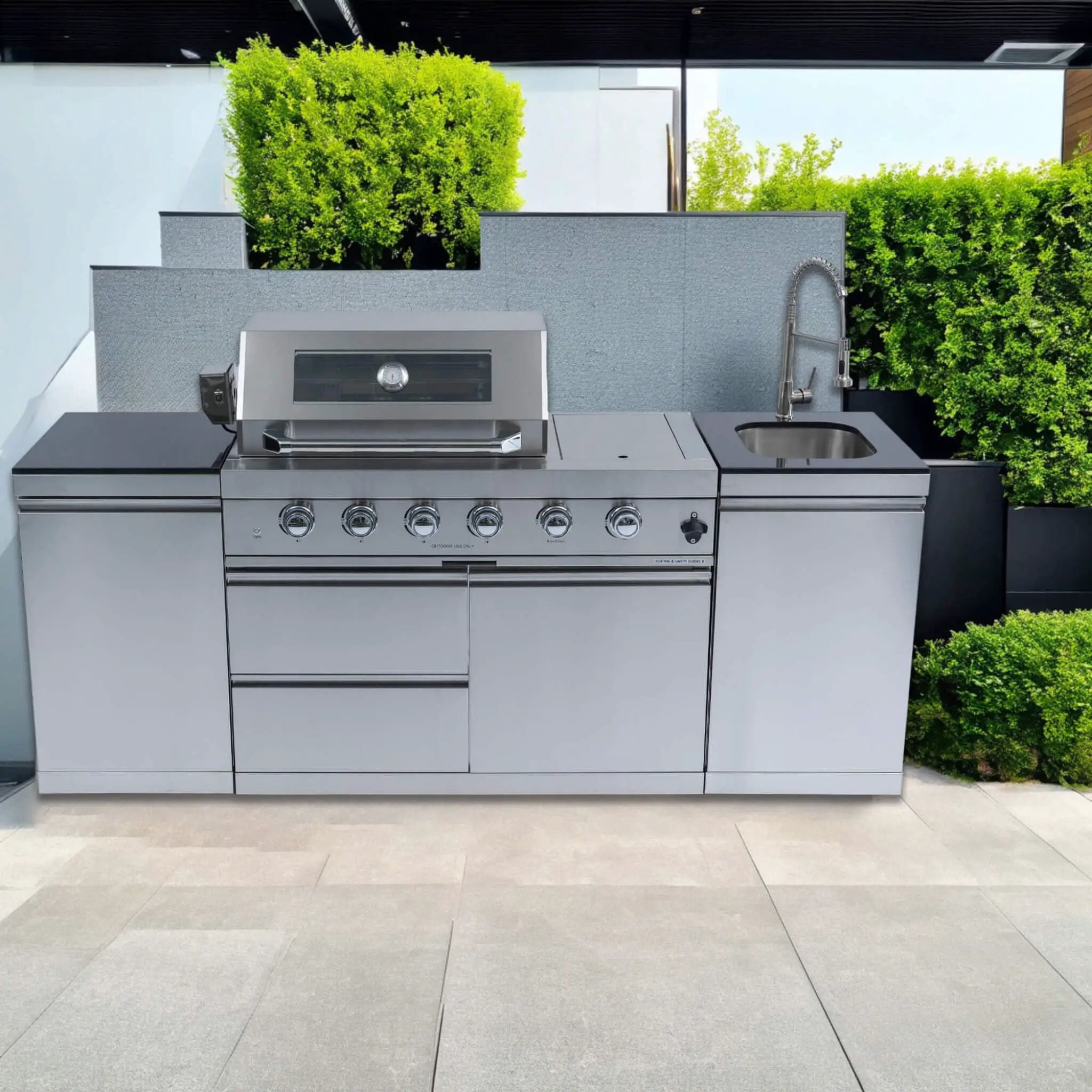 Castelle Flame Aurelia 46-Inch 4-Burner 72K BTU Stainless Steel Outdoor BBQ Kitchen Grill Island With 46-Inch 4-Burner 85K BTU Grill, Rotisserie Kit, And Cabinets (SAK93192) by SAKSBY WHOLESALE