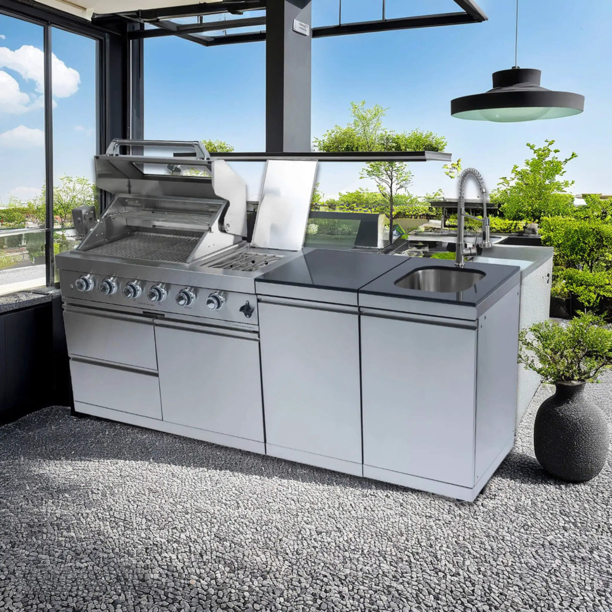 Castelle Flame Aurelia 46-Inch 4-Burner 72K BTU Stainless Steel Outdoor BBQ Kitchen Grill Island With 46-Inch 4-Burner 85K BTU Grill, Rotisserie Kit, And Cabinets (SAK93192), side view