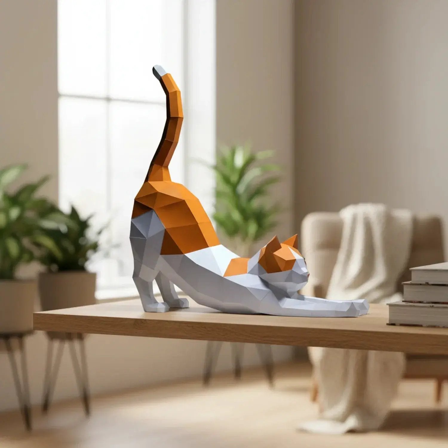 Origami Stretching Cat Figurine White and Orange Decor for Cat Lovers by House Of Avana
