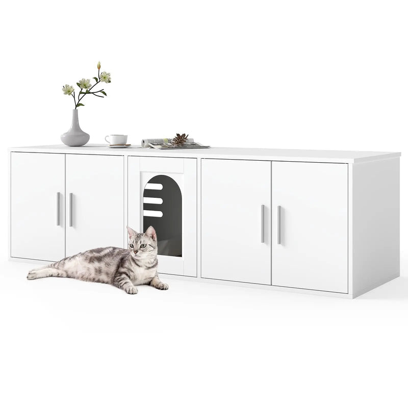 Cat Litter Box Enclosure for 2 Cats with Double Rooms and Sisal Scratching Mat-White by DirectDeals