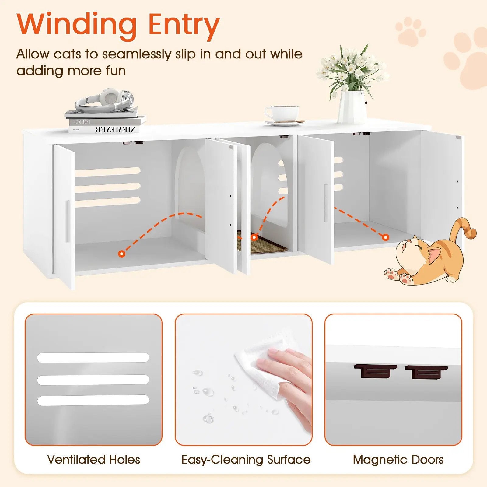 Cat Litter Box Enclosure for 2 Cats with Double Rooms and Sisal Scratching Mat-White by DirectDeals