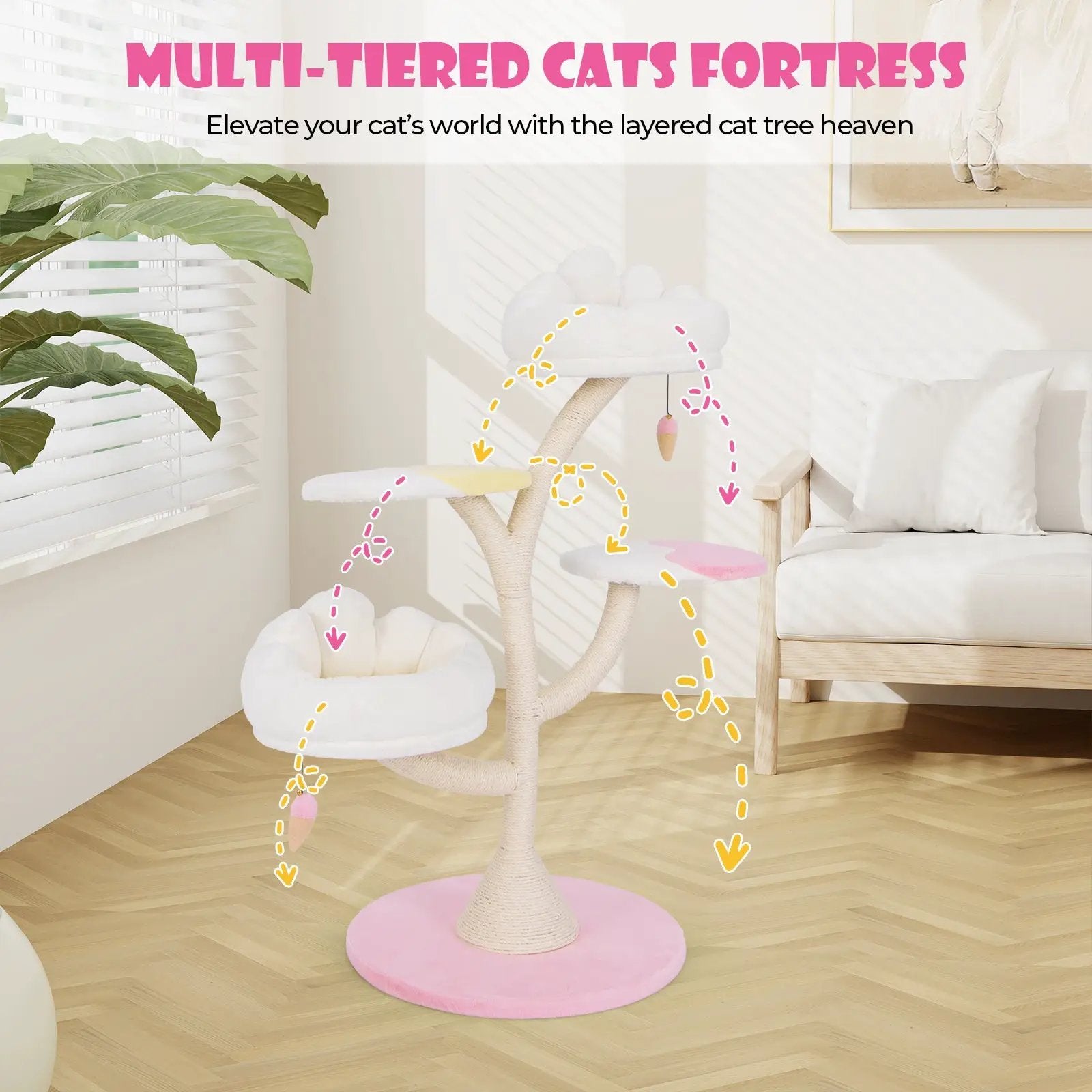 Multi-Layer Cat Tree Cat Tower with 2 Cat Perches 2 Platforms-Pink by DirectDeals