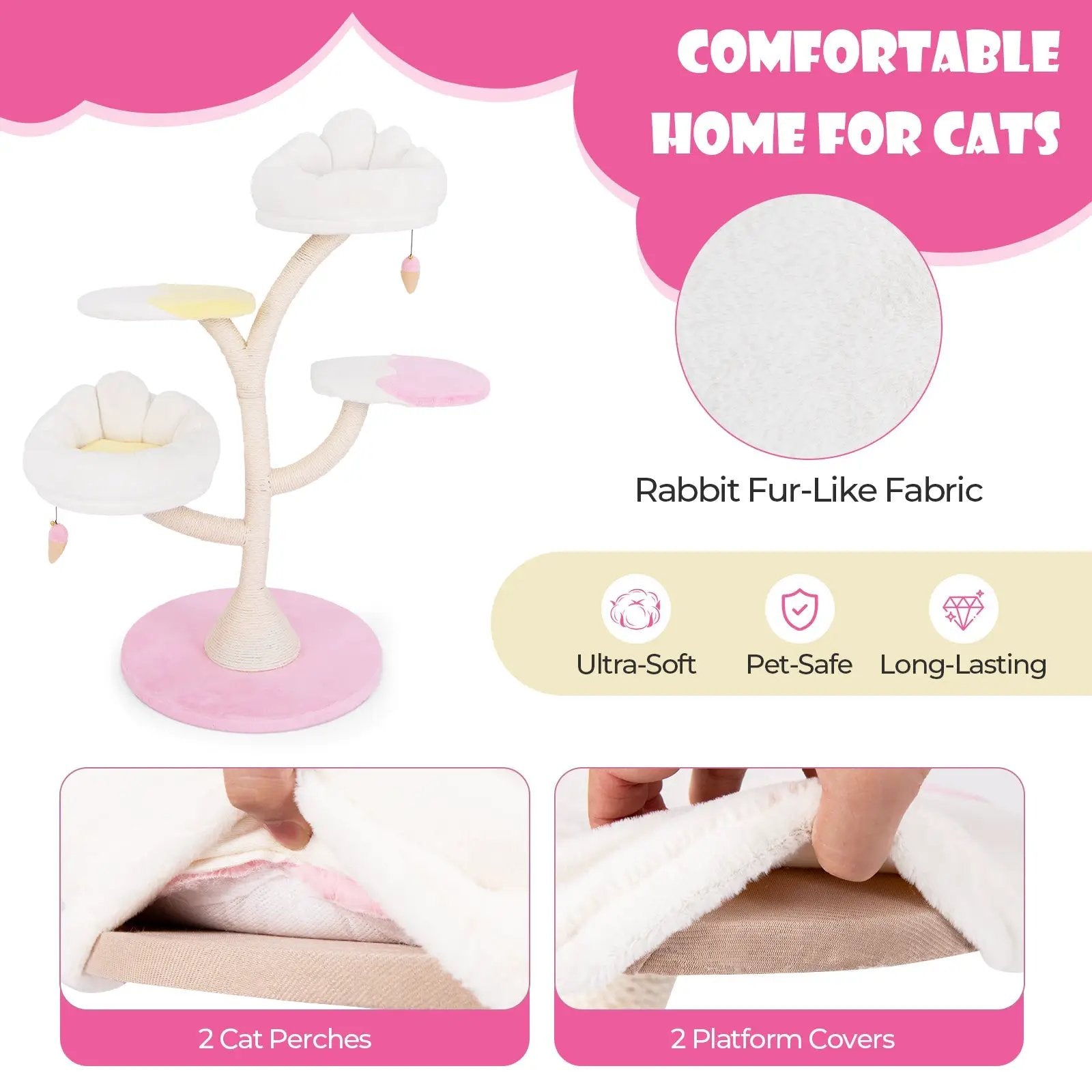 Multi-Layer Cat Tree Cat Tower with 2 Cat Perches 2 Platforms-Pink by DirectDeals