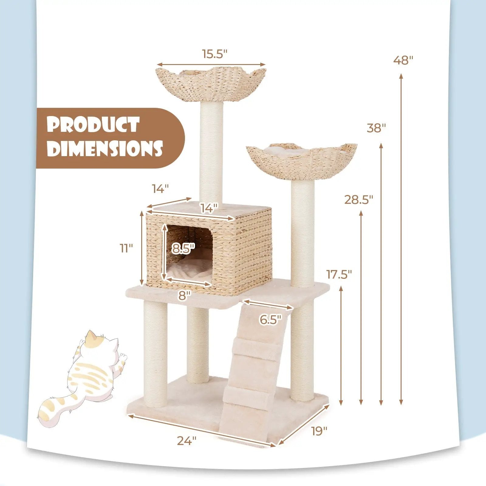 48 Inch Cattail Cat Tower with Sisal Scratching Posts Perch and Condo-Beige by DirectDeals