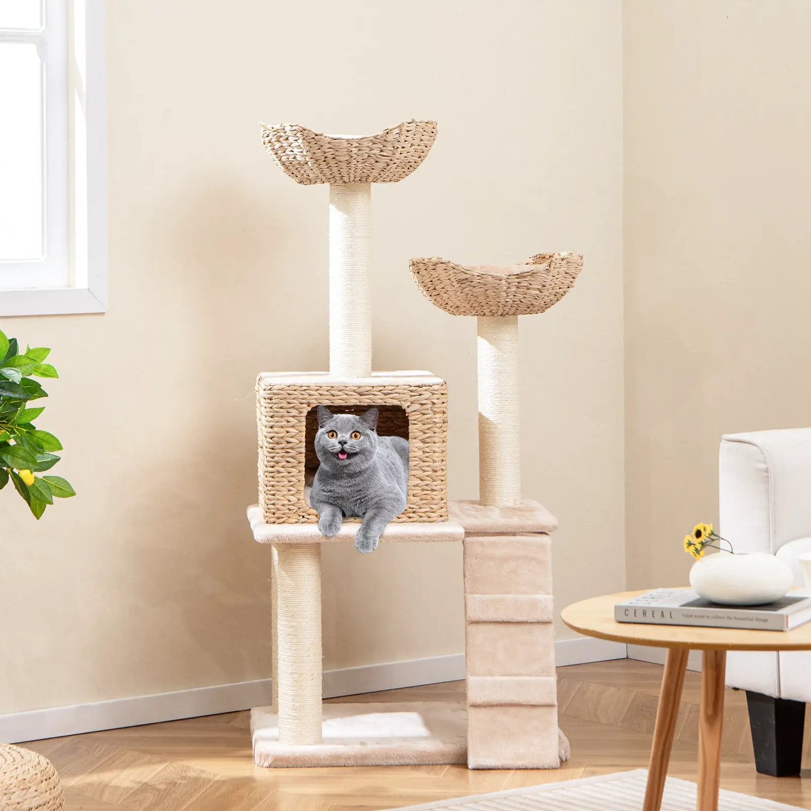 48 Inch Cattail Cat Tower with Sisal Scratching Posts Perch and Condo-Beige by DirectDeals