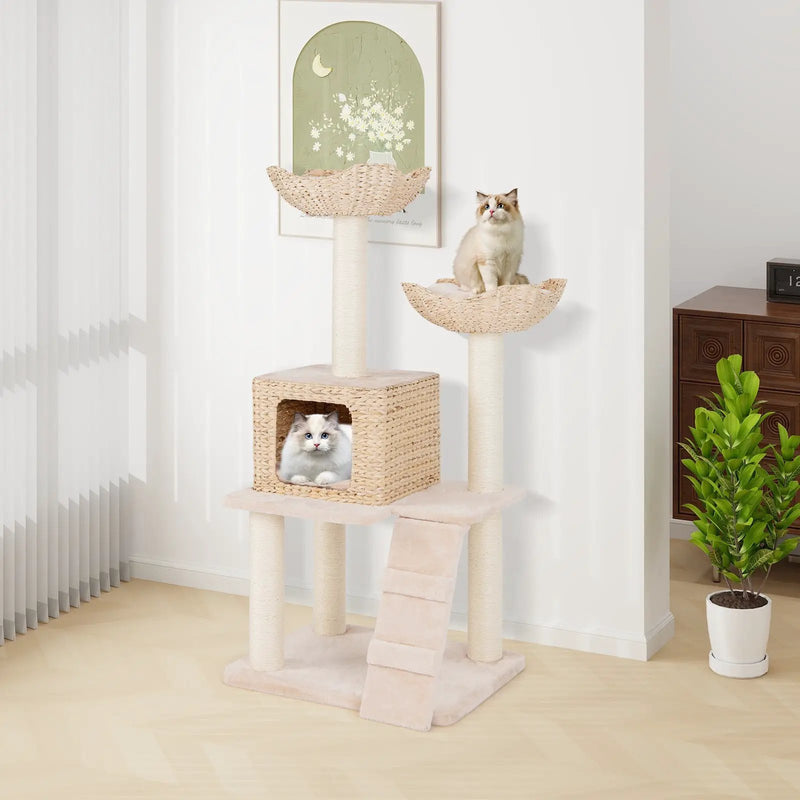 48 Inch Cattail Cat Tower with Sisal Scratching Posts Perch and Condo-Beige by DirectDeals