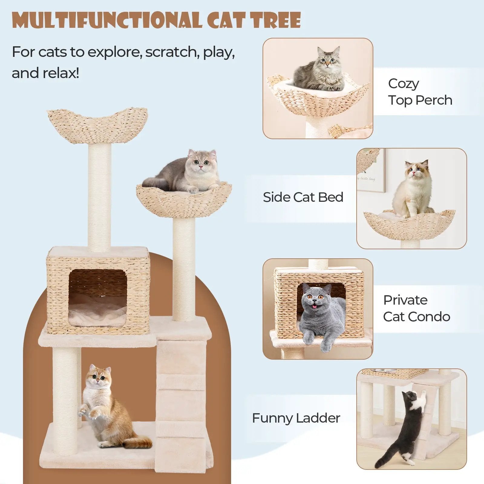 48 Inch Cattail Cat Tower with Sisal Scratching Posts Perch and Condo-Beige by DirectDeals