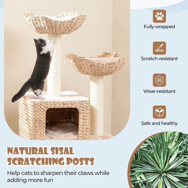 48 Inch Cattail Cat Tower with Sisal Scratching Posts Perch and Condo-Beige by DirectDeals