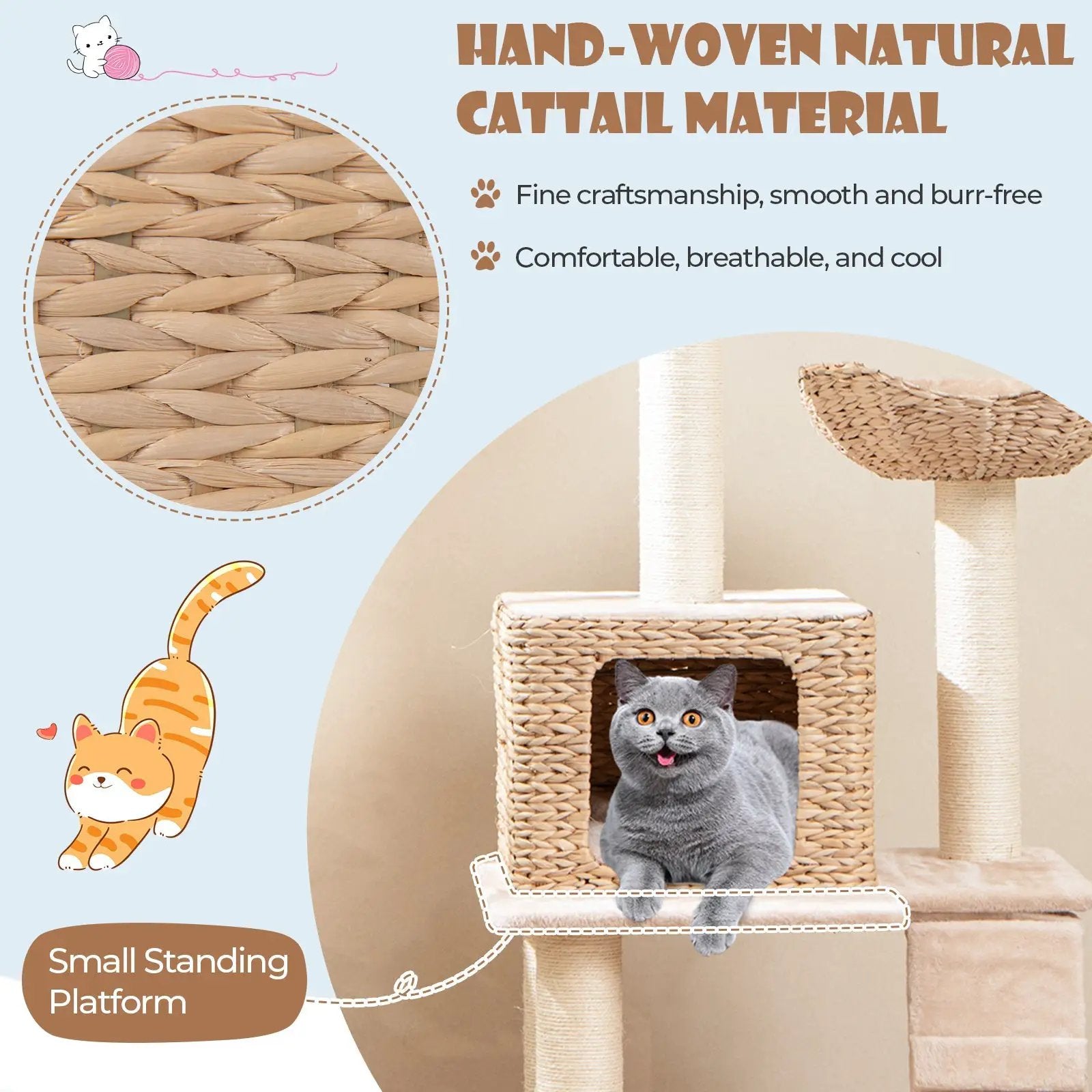 48 Inch Cattail Cat Tower with Sisal Scratching Posts Perch and Condo-Beige by DirectDeals