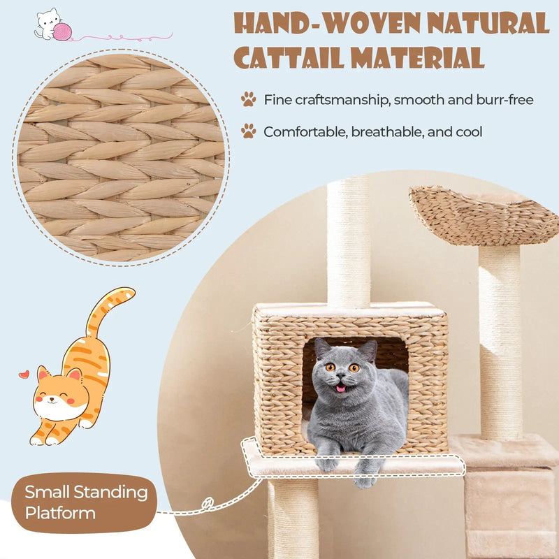 48 Inch Cattail Cat Tower with Sisal Scratching Posts Perch and Condo-Beige by DirectDeals