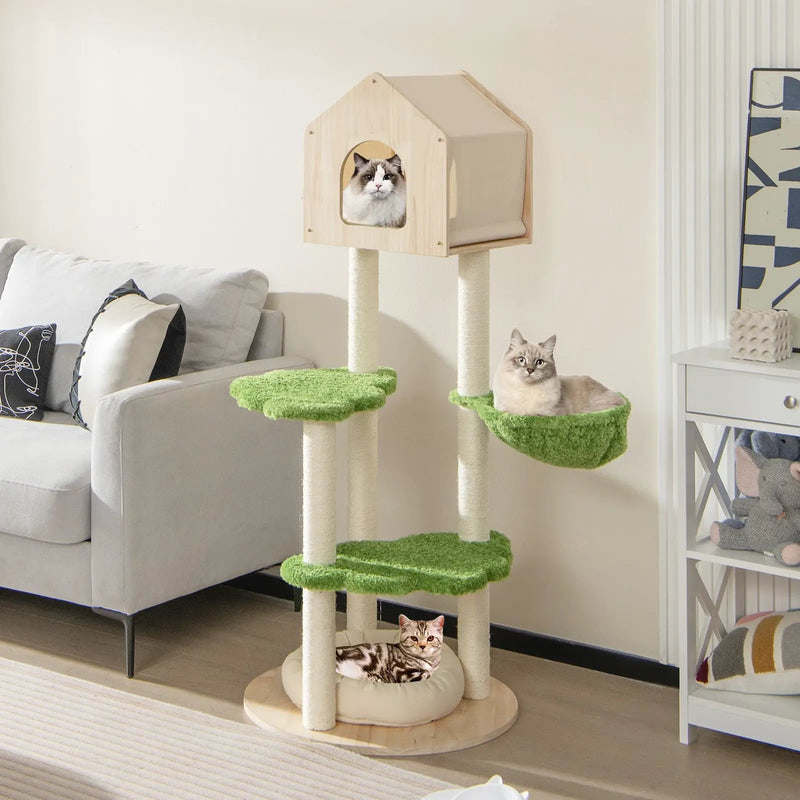55 Inch Tall Cat Climbing Stand with Sisal Scratching Posts and Soft Cat Bed for Indoor Kittens-Green by DirectDeals
