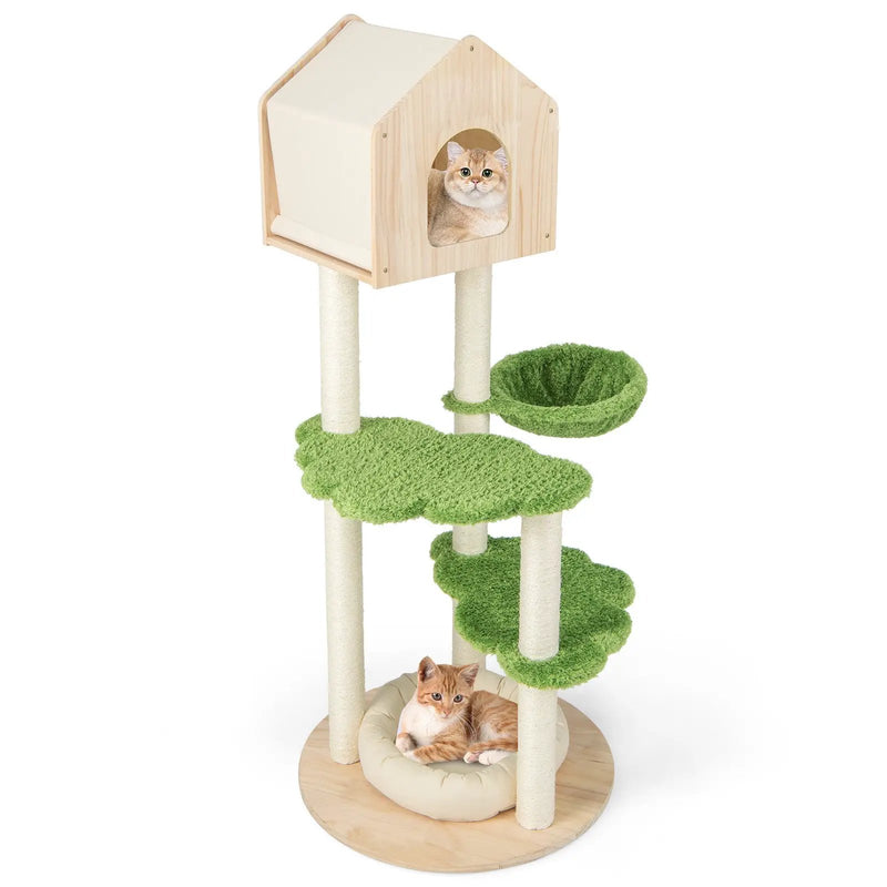55 Inch Tall Cat Climbing Stand with Sisal Scratching Posts and Soft Cat Bed for Indoor Kittens-Green by DirectDeals
