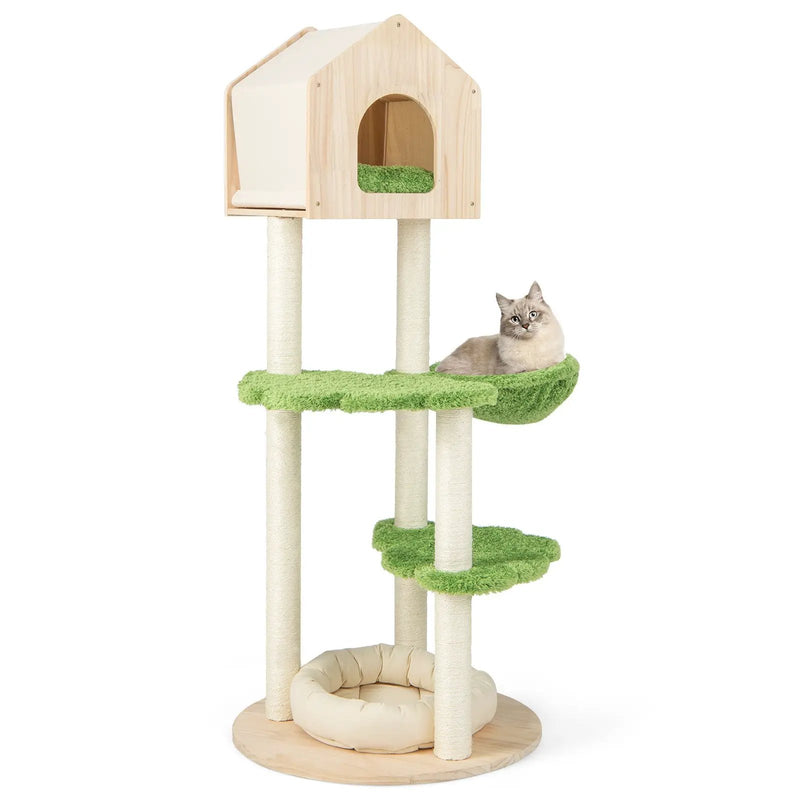 55 Inch Tall Cat Climbing Stand with Sisal Scratching Posts and Soft Cat Bed for Indoor Kittens-Green by DirectDeals