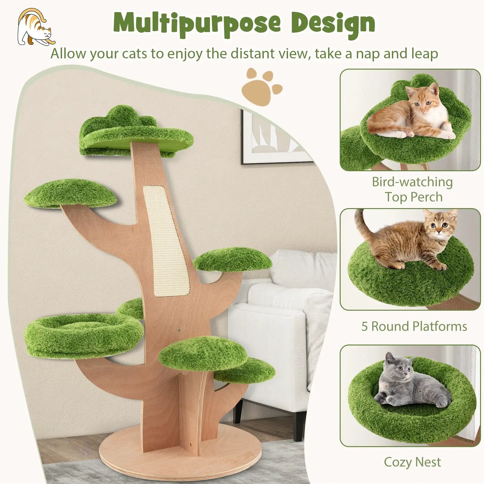 50 Inch Pine Shape Cat Tree for Indoor Cats with Sisal Scratching Board-Green by DirectDeals