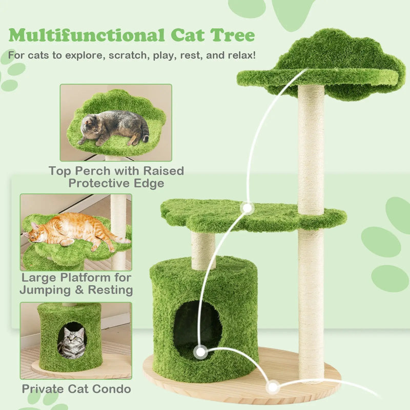 38 Inch Cute Cat Tree for Indoor Cats with Fully Wrapped Sisal Scratching Posts-Green by DirectDeals