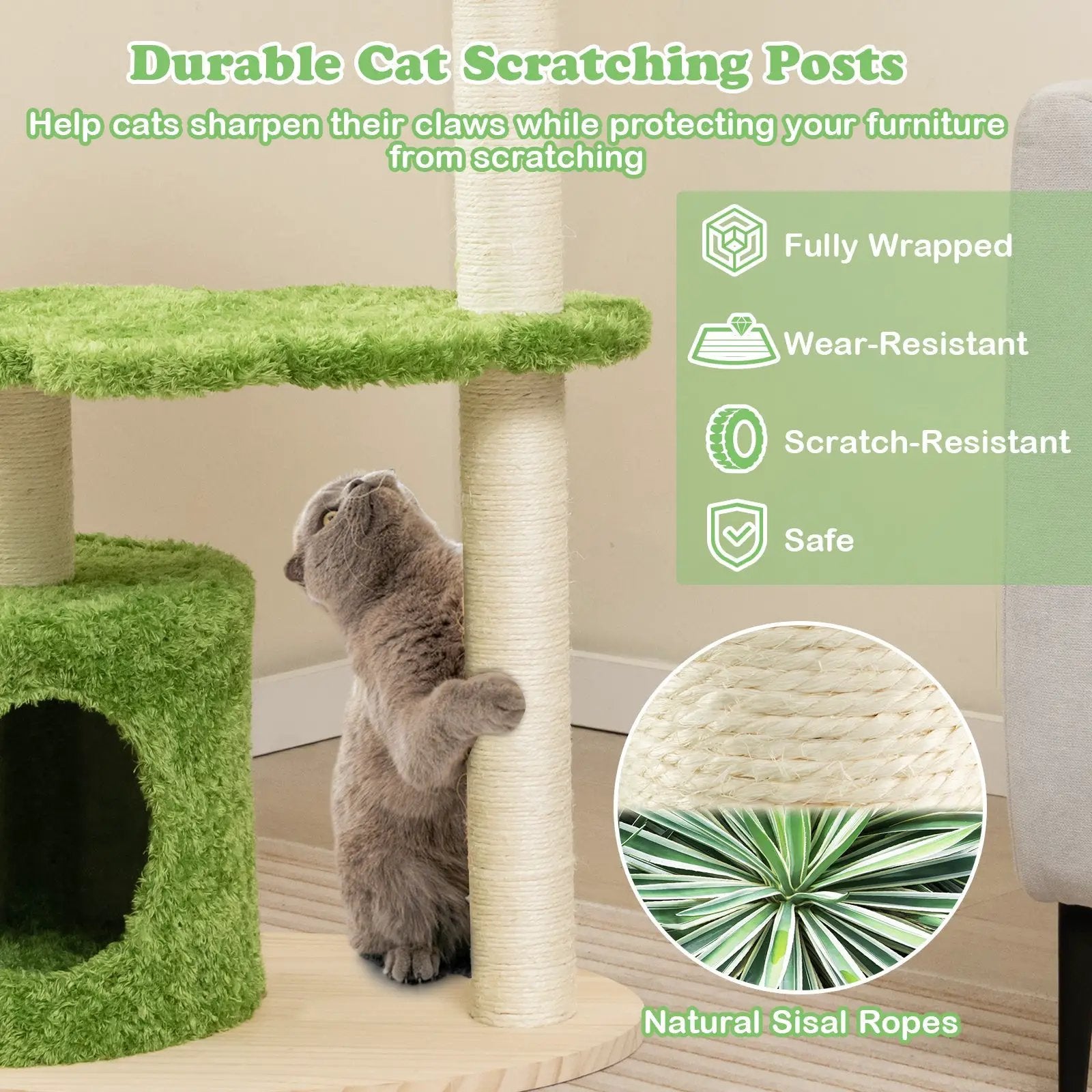 38 Inch Cute Cat Tree for Indoor Cats with Fully Wrapped Sisal Scratching Posts-Green by DirectDeals