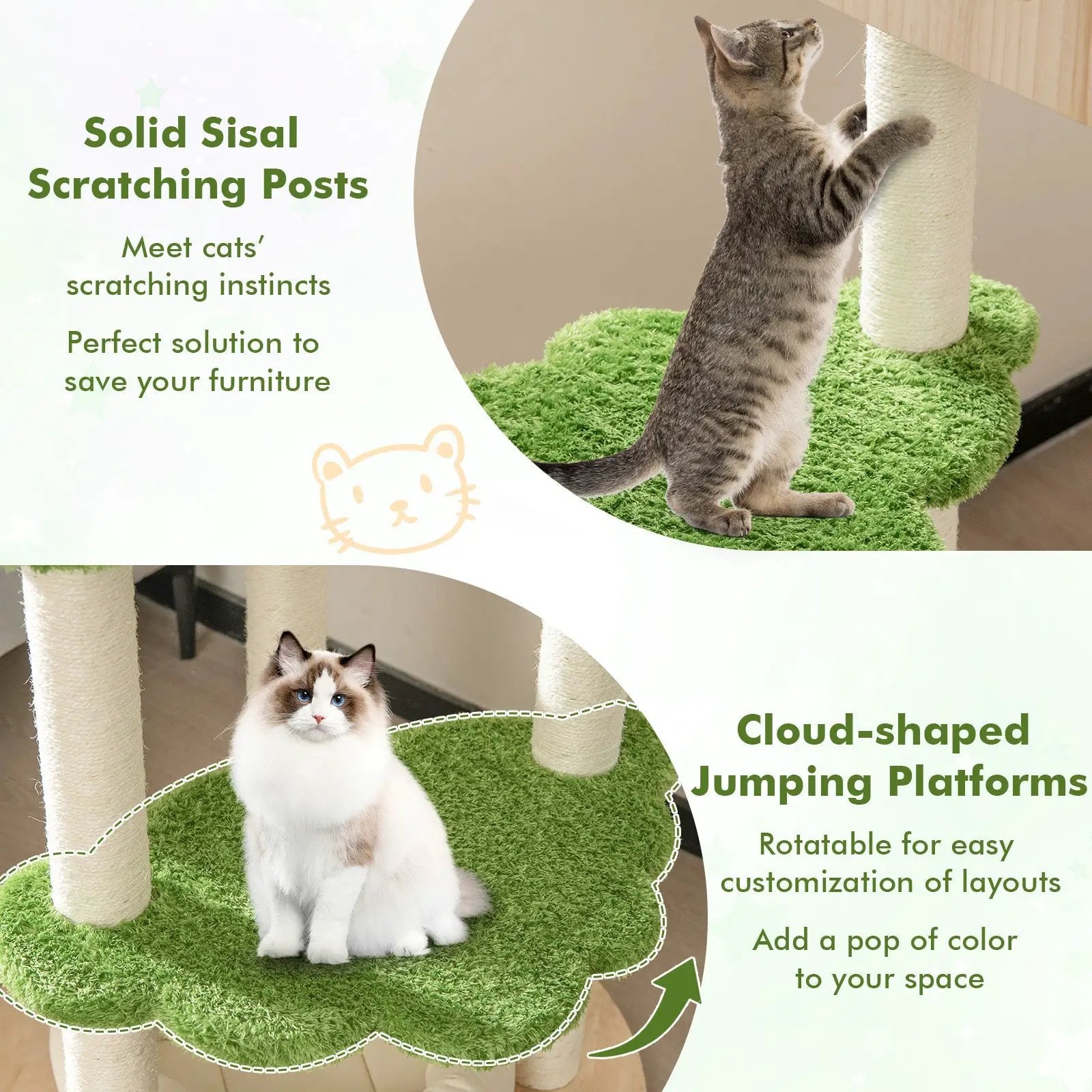 55 Inch Tall Cat Climbing Stand with Sisal Scratching Posts and Soft Cat Bed for Indoor Kittens-Green by DirectDeals