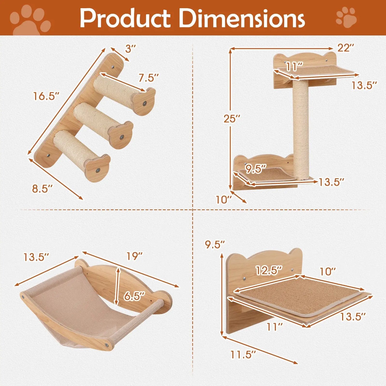 Cat Wall Furniture Set of 4 with Hammock 2-step Cat Tree and Perch-Natural by DirectDeals