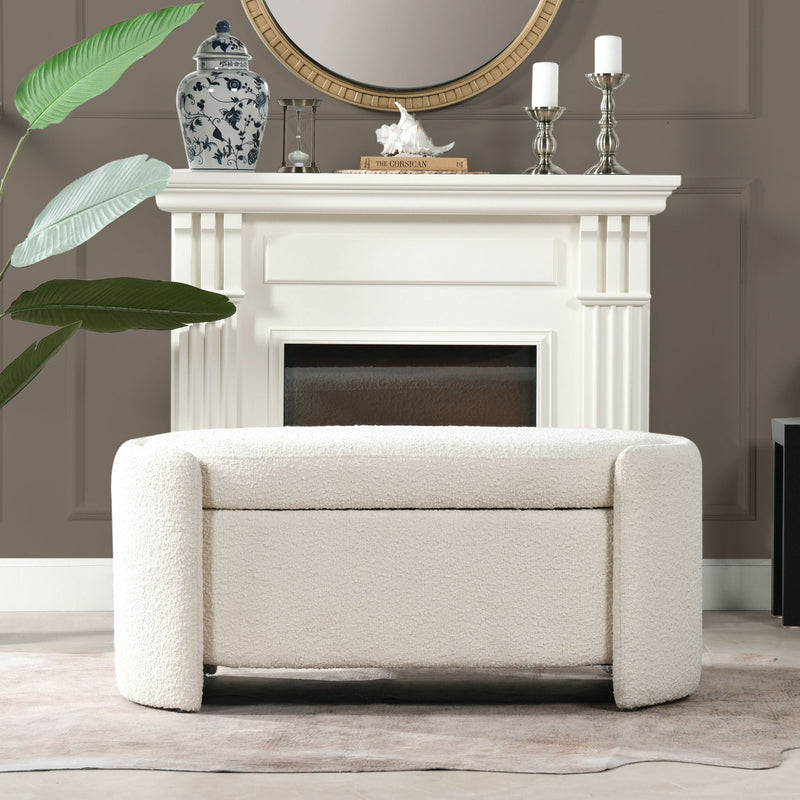 Ivory White Oval Storage Bench with Three-Compartment Interior - Upholstered, photo 2 of 12