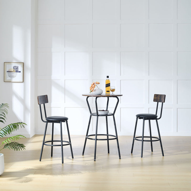 Rustic Brown Round Bar Table And Stool Set With Shelf, Upholstered Stool With Backrest - Antique Brown by HouseOfZazla
