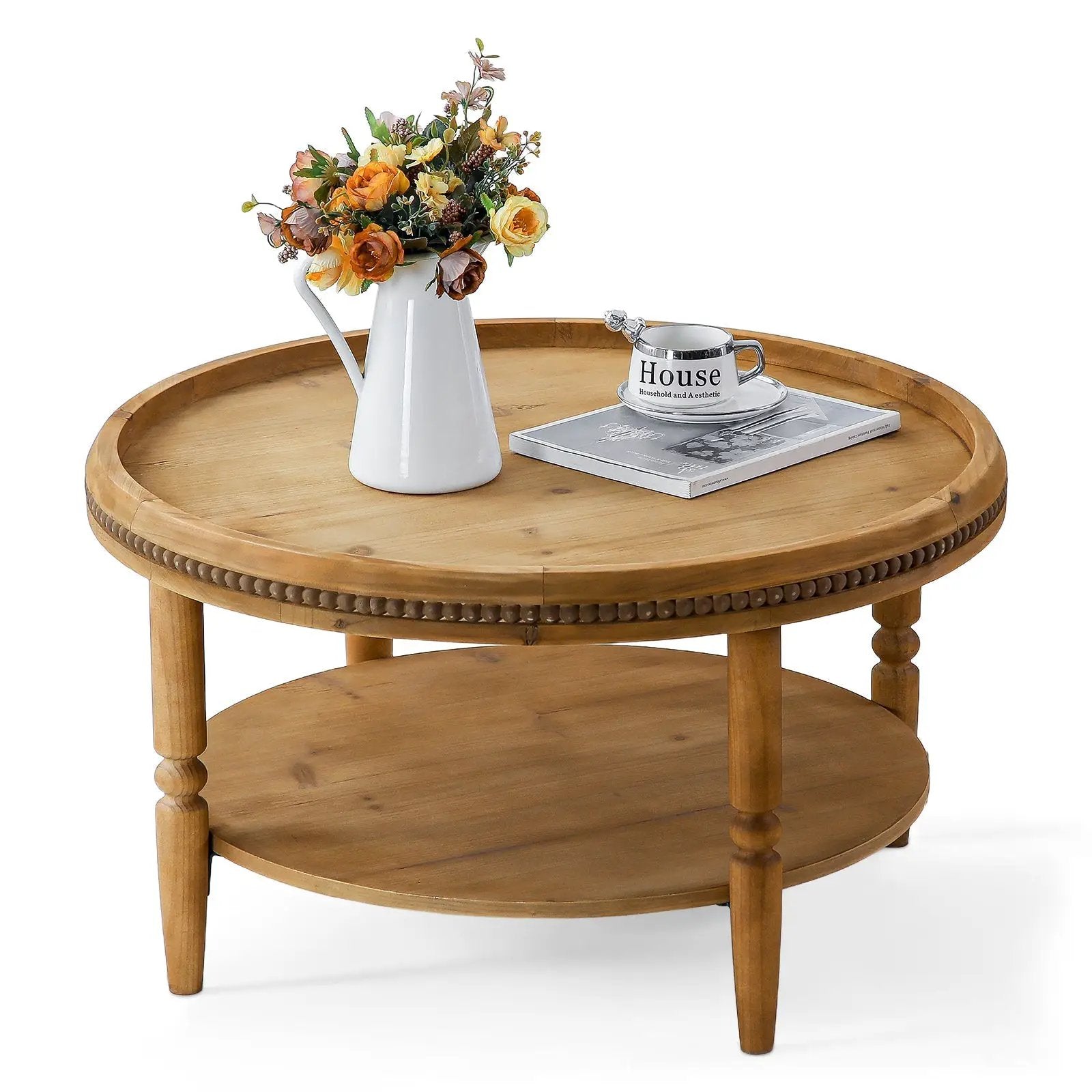 31.3' Round Boho Coffee Table with Storage Shelf by HouseOfZazla