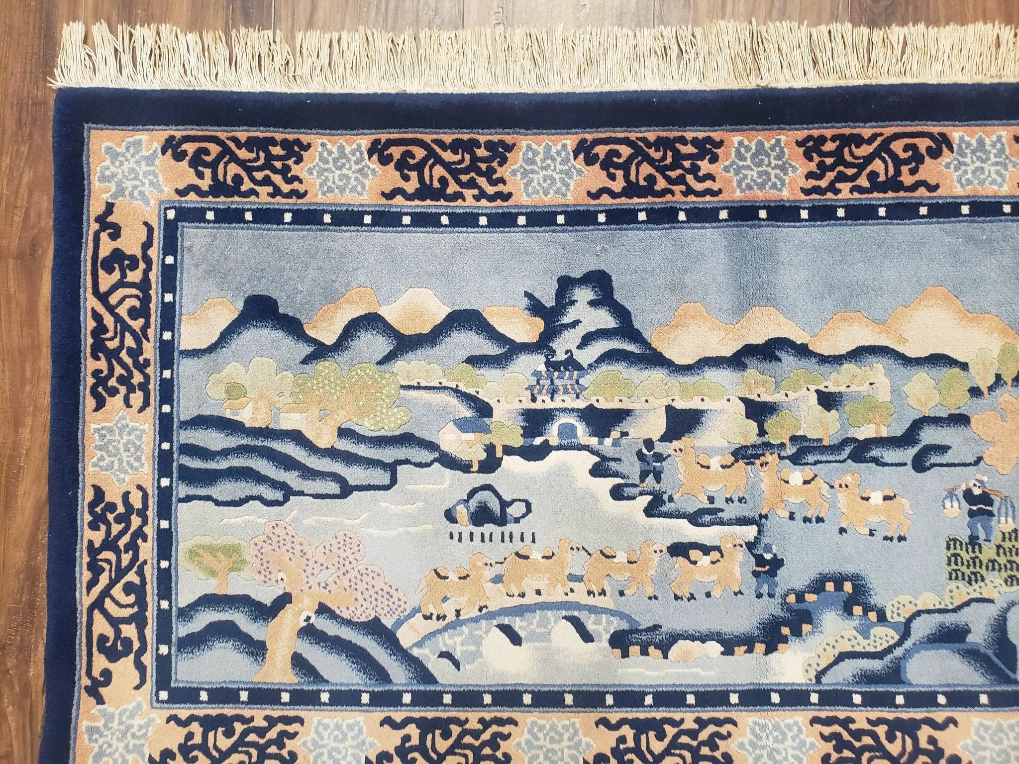 Vintage Chinese Pictorial Rug 2'4" x 4' 7", Chinese Village, Wool Hand-Knotted Blue & Teal Fine Carpet, Tapestry Rug, Woven Wall Art by Jewel Rugs