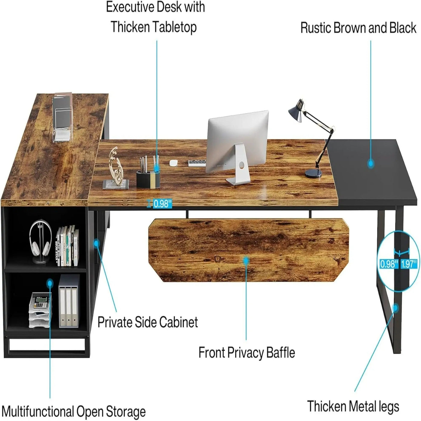 L-Shaped Executive Desk With File Cabinet, Computer Workstation With Storage by HouseOfZazla